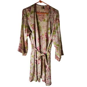 Oscar‎ de la Renta Fine Label Pink Floral Satin Kimono Wrap Robe Short Belted M